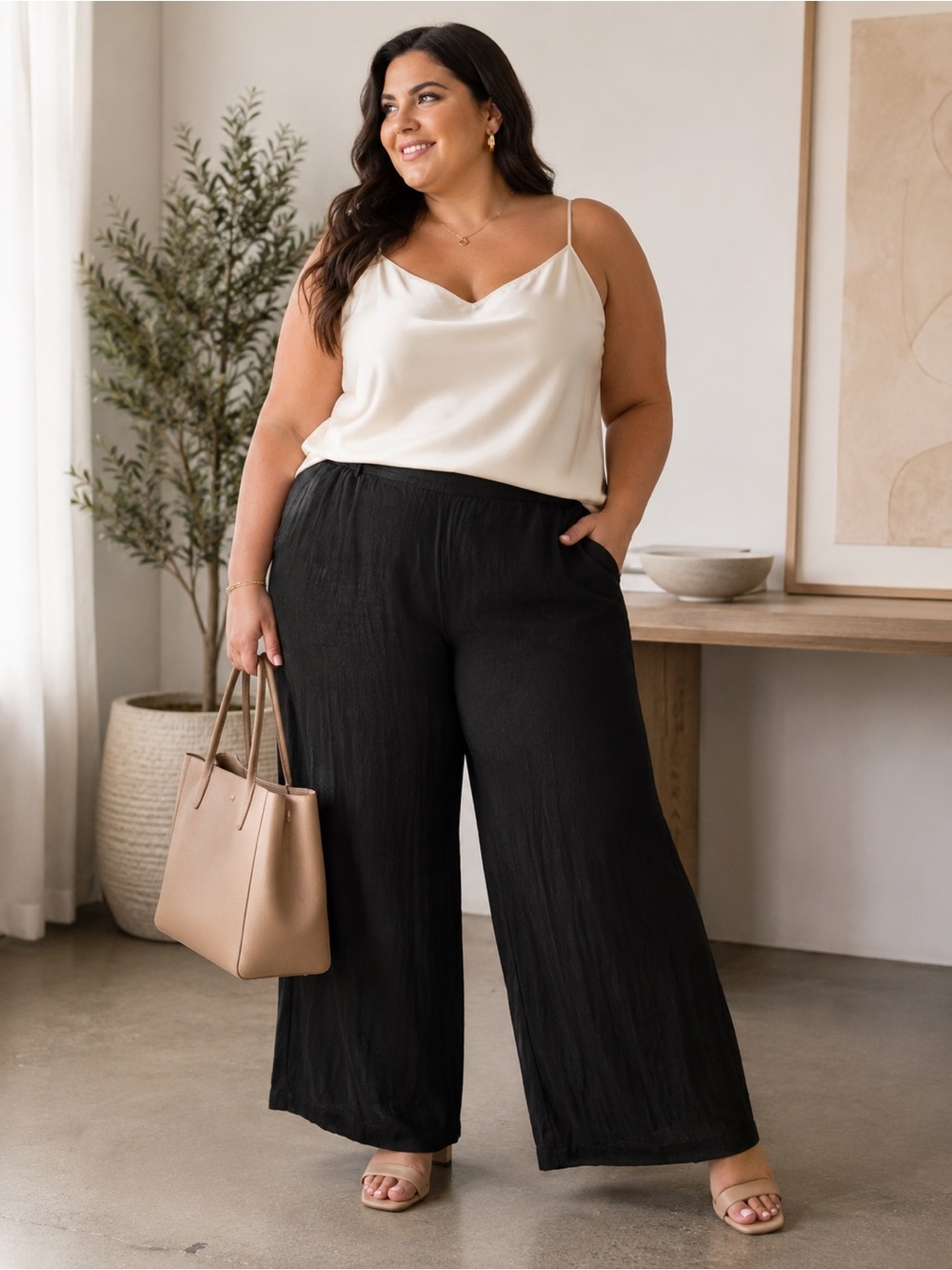 Ellos Women's Size 3X Black Wide Leg Pockets Pull On Pants Back Elastic NWT